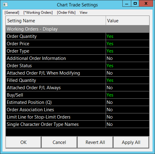 Chart Trade Settings - Working Orders